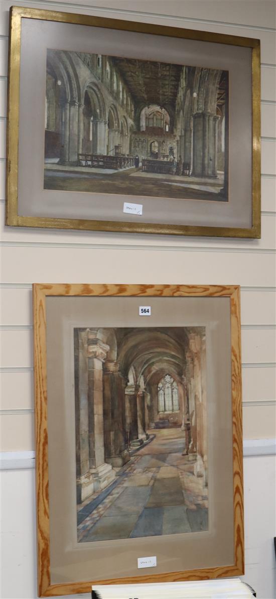 A Van Anvooy, watercolour, cathedral interior, 34 x 51cm and a church interior monogrammed L K, 52 x 36cm